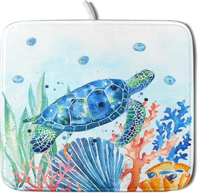 Giwawa Sea Turtle Dish Drying Mat 16x18in Watercolor Blue Tortoise Dish Drainer by Giwawa