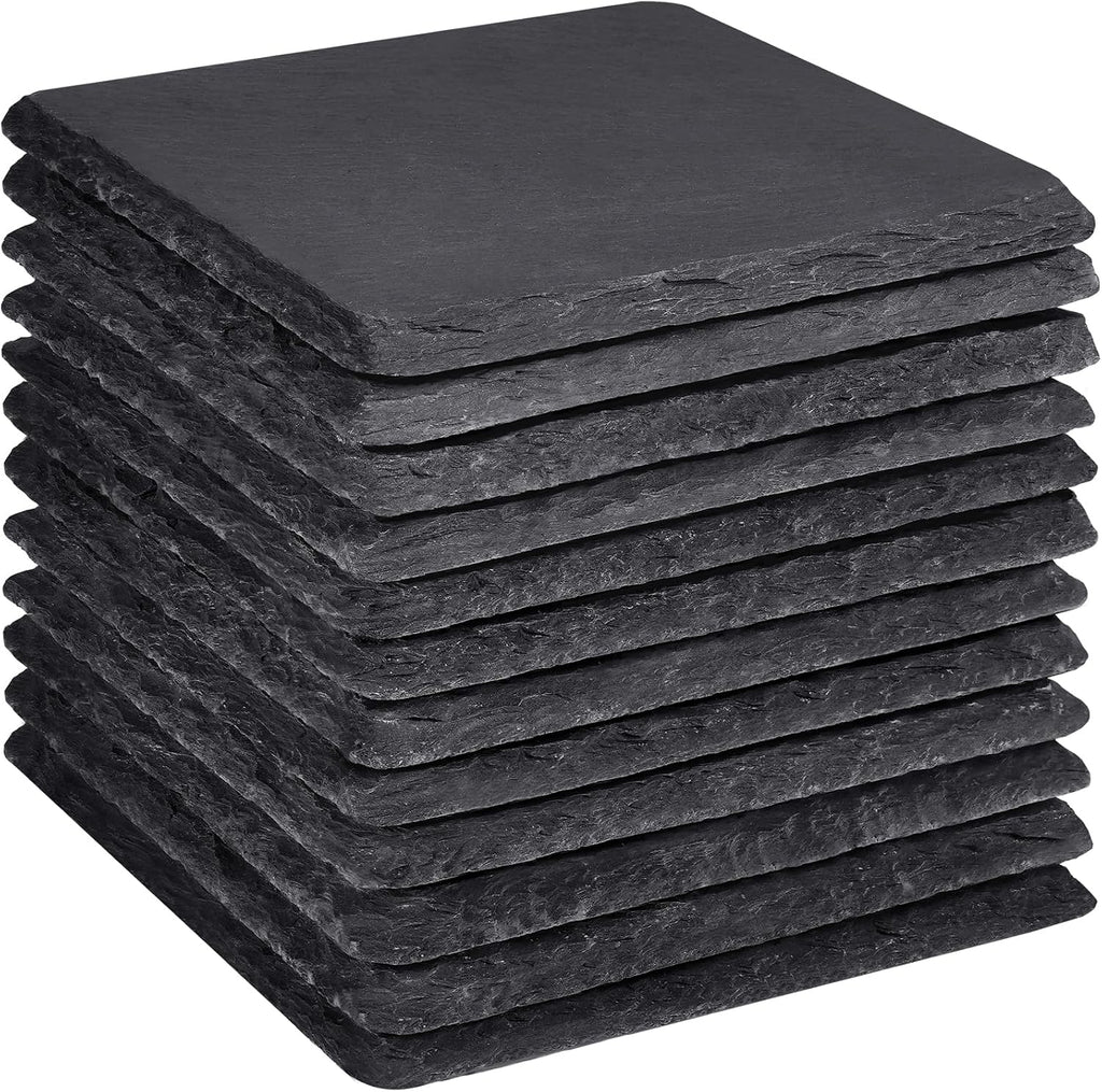 4 Inch Square Black Slate Stone Drink Coasters Set of 12