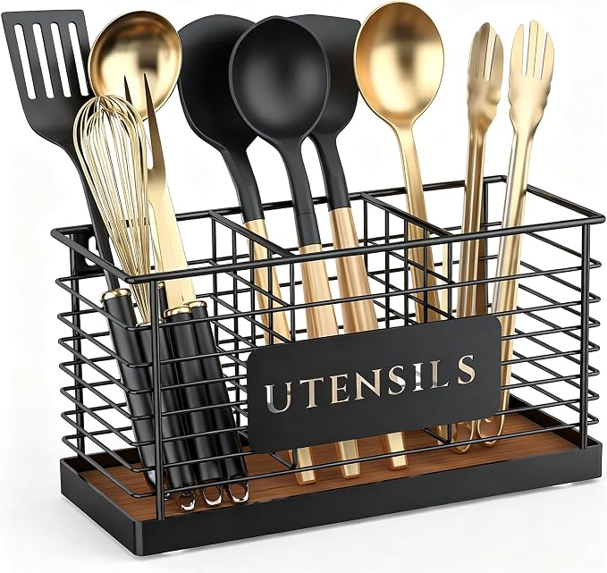 THYGIFTREE Utensil Holder for Kitchen Counter Large Black Metal Cooking Utensil by THYGIFTREE
