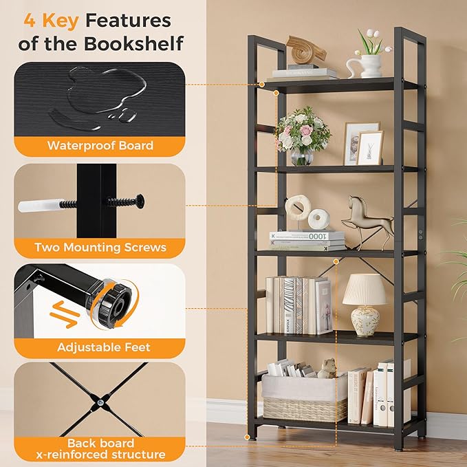 DUMOS 5-Tier Bookshelf, Modern Tall Bookcase, Open Storage Display Shelf - Image 8
