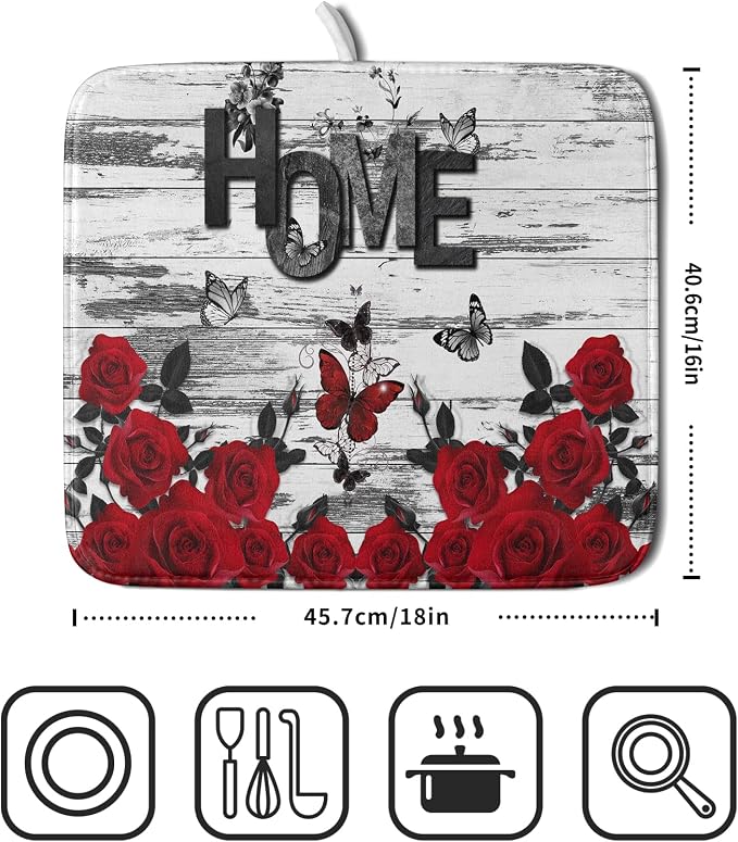 Red Rose Dish Drying Mat 16x18 inch Romantic Floral Absorbent Microfiber Sink - Image 2