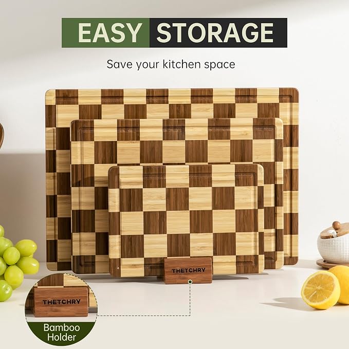 THETCHRY Bamboo Cutting Board Set, Checkered Wood Cutting Boards - Image 7