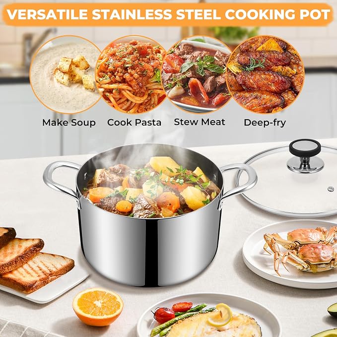 Tri-Ply Stainless Steel Stock Pot, 6.5 Quart Heavy Duty Induction Cooking Pot - Image 8
