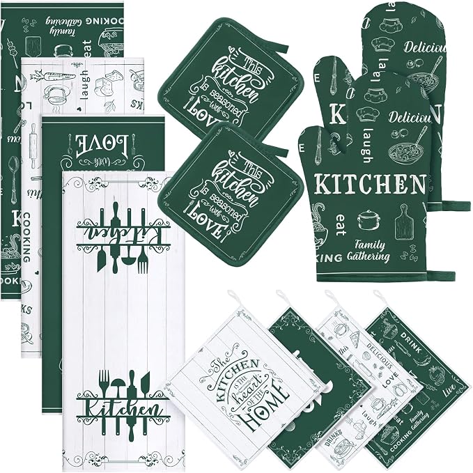 12 Pcs Farmhouse Kitchen Decor and Accessories Sets 4 Green Kitchen Towels 4 by Bencailor