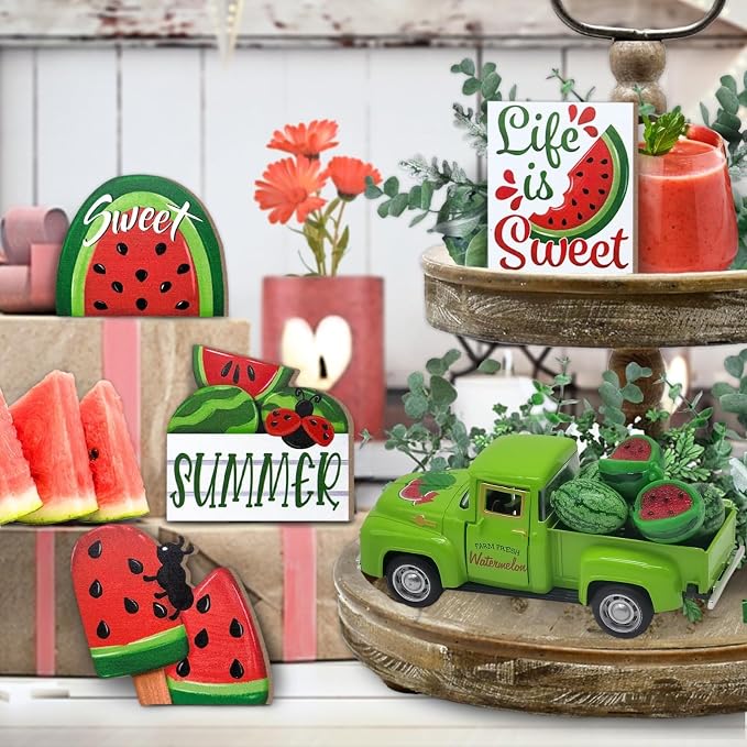 Watermelon Decor Mini Vintage Green Metal Pickup Truck - Image 2