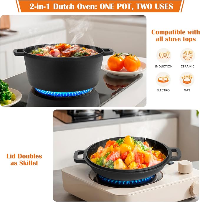 E-far 5QT Dutch Oven for Bread Baking, 2-IN-1 Cast Iron Pot - Image 4