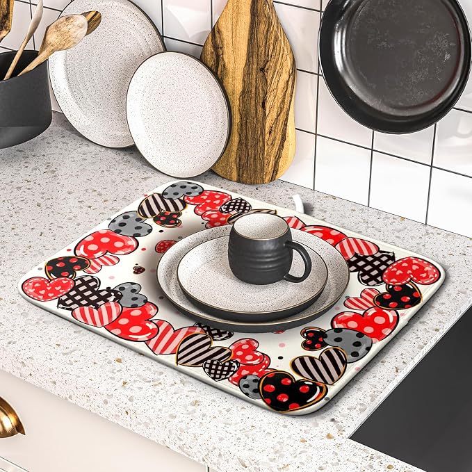 Red Heart Dish Drying Mat 16"x18" Love Dots Microfiber Dish Drainer Rack Mat - Image 5