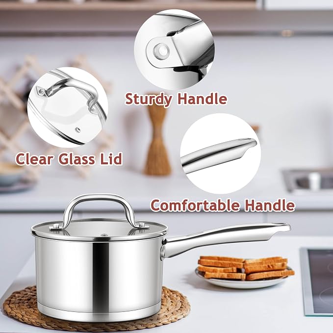 E-far 1 Quart Saucepan with Lid, Stainless Steel Small Sauce Pan Boiling Pot - Image 5