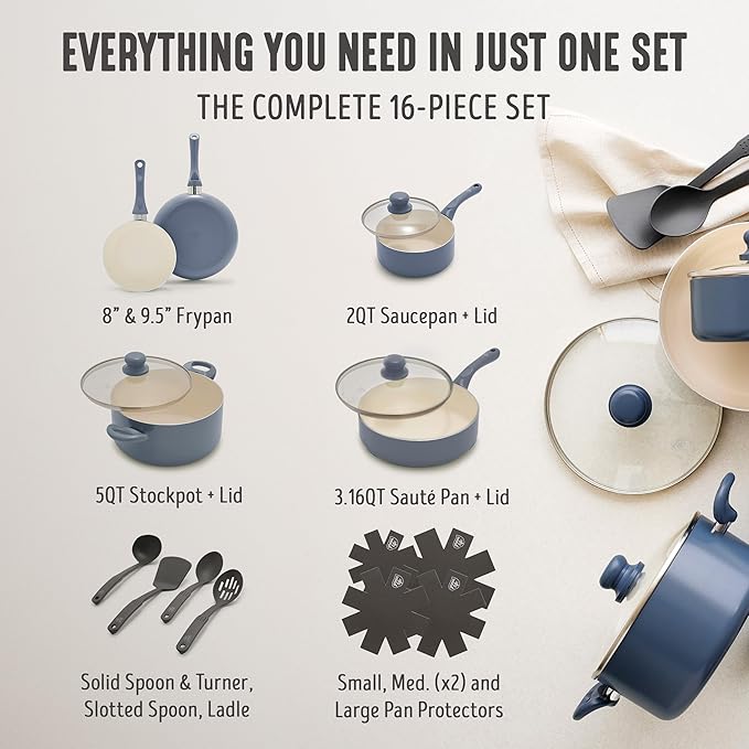 GreenLife 16-Piece Nonstick Cookware Set, Non-Toxic Ceramic Pots and Pans Set - Image 5