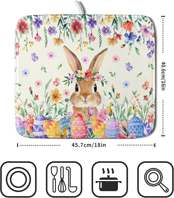 Giwawa Easter Rabbit Dish Drying Mat Spring Flower Dish Drainer Rack Mats 16x18 - Image 2