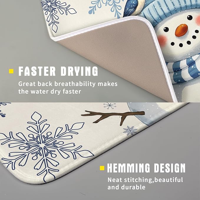 Winter Snowman Dish Drying Mat for Kitchen Counter 16x18 Blue Snowflake Bird - Image 3