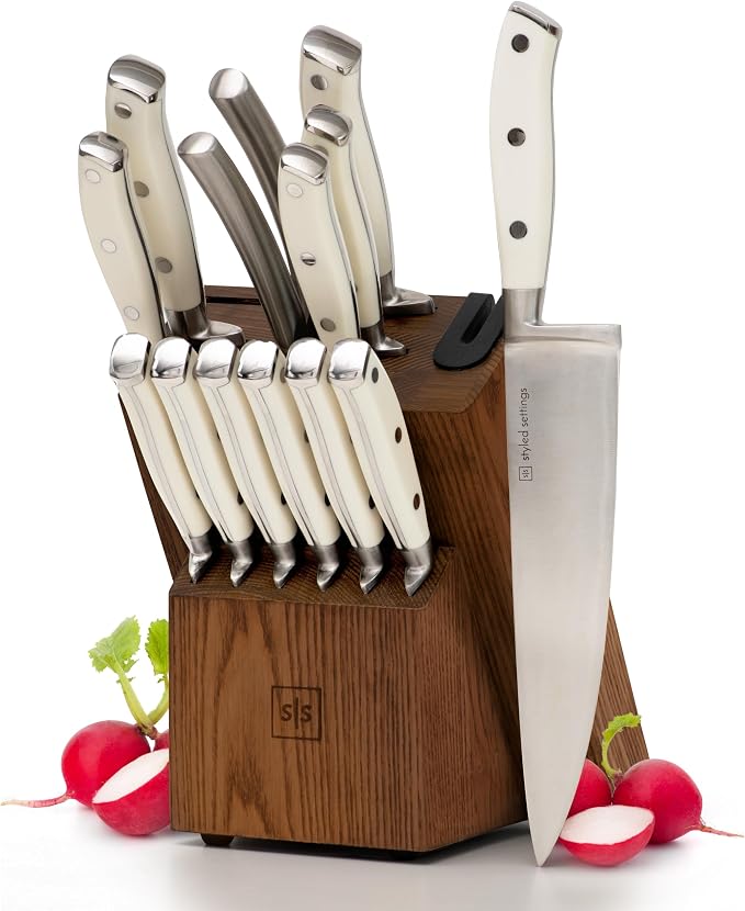White Knife Set with Block – 14-Piece Forged Stainless Steel Knives with Triple by STYLEDSETTINGS