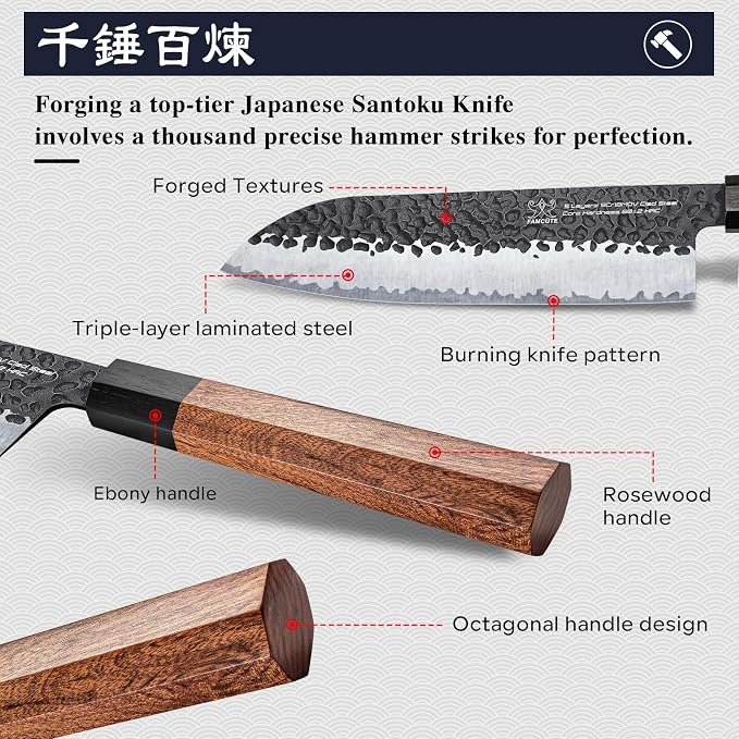 FAMCÜTE Santoku Knife 7 inch, Hand Forged 5 Layers 9CR18MOV High Carbon Steel - Image 4