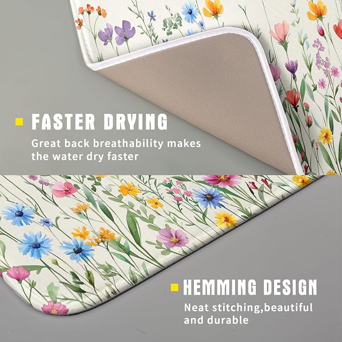 Giwawa Spring Floral Dish Drying Mat 16"x18" Watercolor Summer Wildflower Dish - Image 3