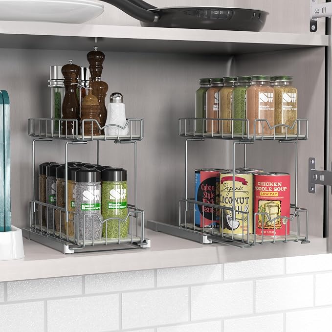 Simple Houseware 2-Tier Spice Rack Slide Out Wire Basket Drawer Organizer - Image 3