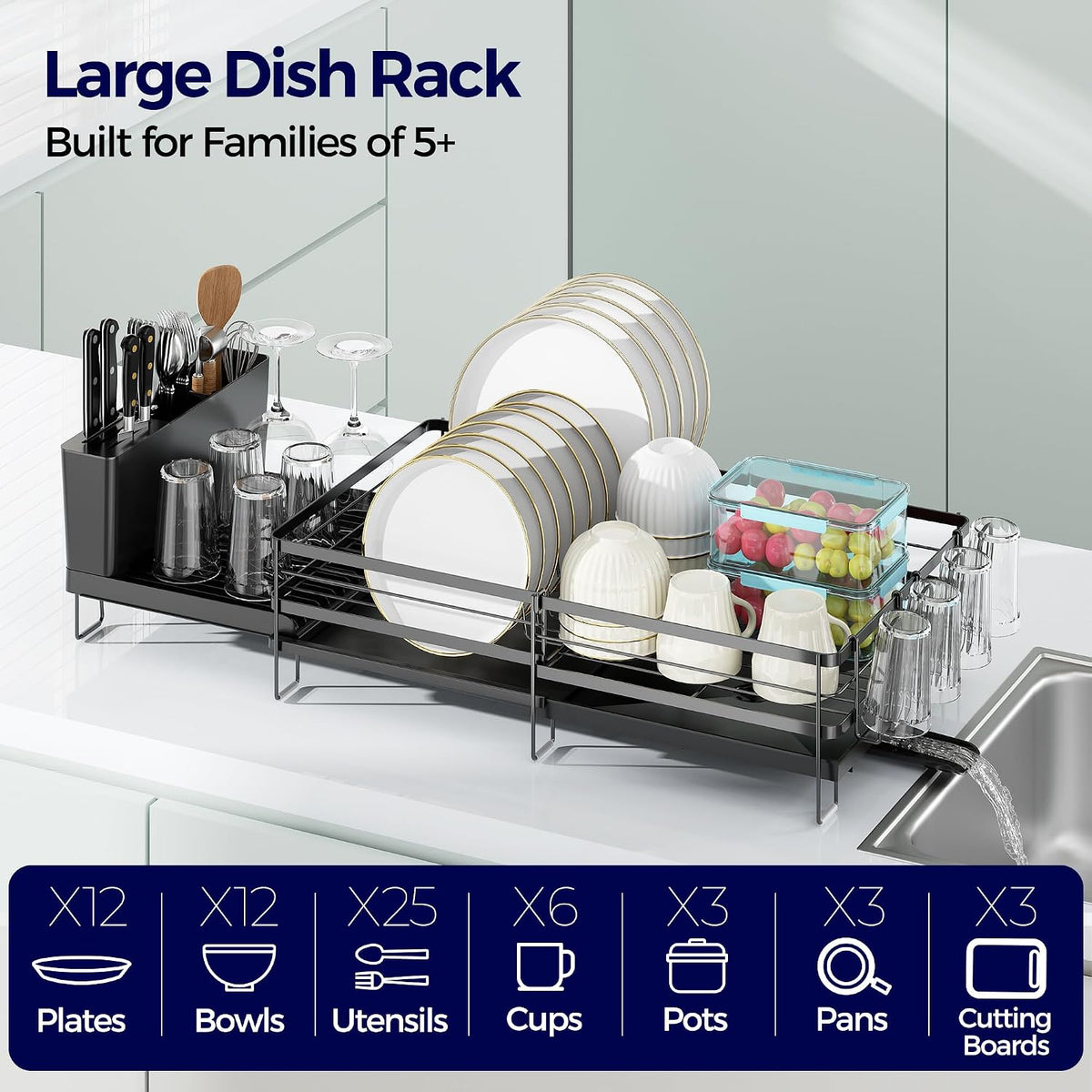 Large Dish Drying Rack, Expandable Dish Rack for Kitchen Counter, Dish