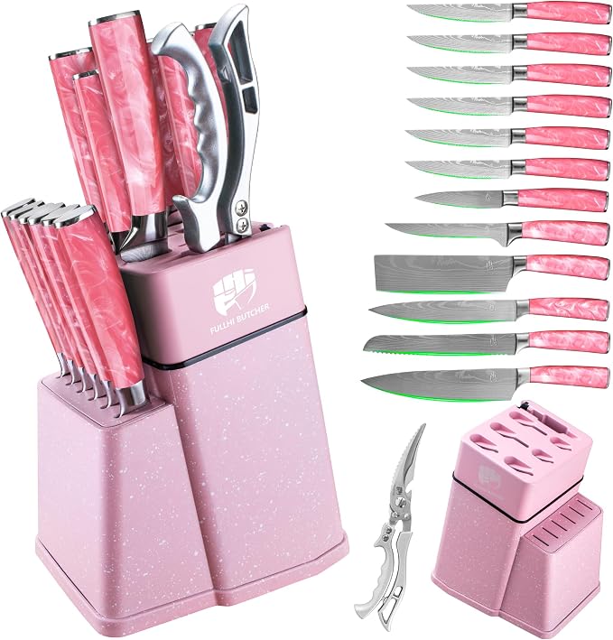 FULLHI 14pcs Block Knife Set, Chef's Knife Steak Knives Set by ExpertForPortableAndButcherKnifeSet
