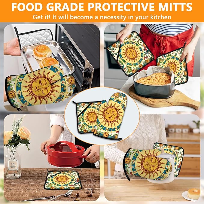 Sun and Moon Oven Mitts and Pot Holders Sets 4Pcs, Extra Long Oven Gloves - Image 7