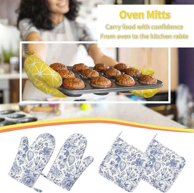 Vintage Flower Blue and White Leaves Oven Mitts and Pot Holders Sets of 4 - Image 7