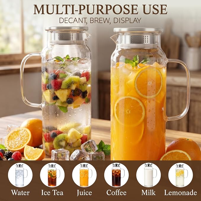 2 Pack Glass Pitcher with Lid and Handle, 68oz 2 Liter Borosilicate Glass Water - Image 7