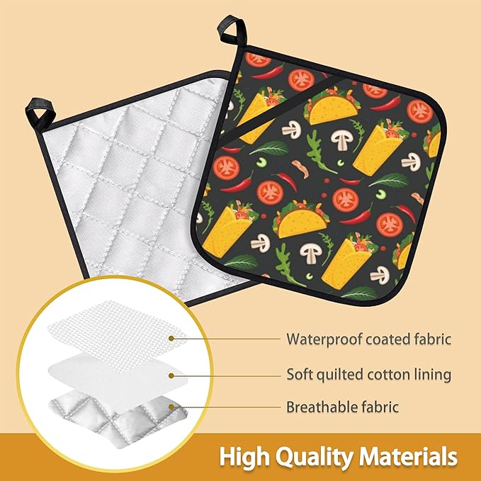 Cartoon Burrito Taco Hot Pepper Pot Holder Set of 2, Heat Resistant Potholders - Image 3
