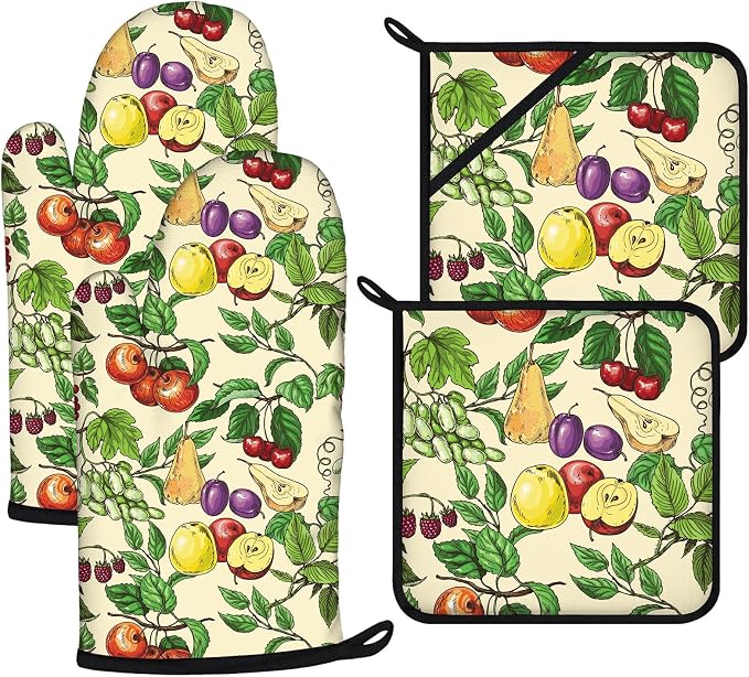 Fruit Oven Mitts and Pot Holders Sets 4Pcs, Extra Long Oven Gloves Potholder by VisittheDuibelproduct