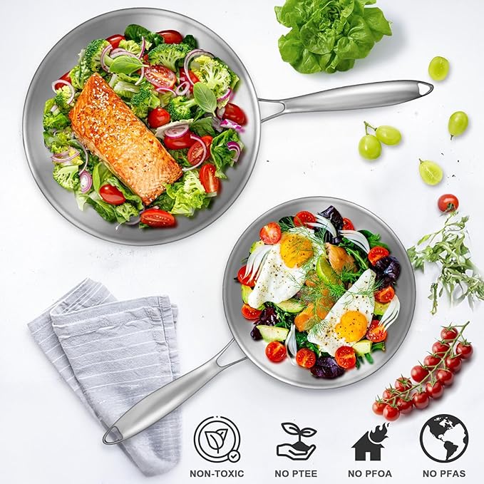 EWFEN Tri-Ply Stainless Steel Frying Pans Set, 8”/10”/12” Cooking pans - Image 4