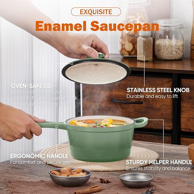 Homikit 1 QT & 2 QT Saucepan Set, Enameled Cast Iron Saucepan - Image 4