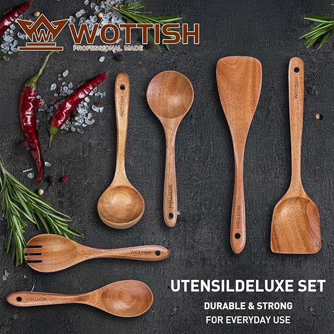 Wooden Spoons - Wooden Spoons for Cooking, Natural Wooden Kitchen Utensils Set - Image 2