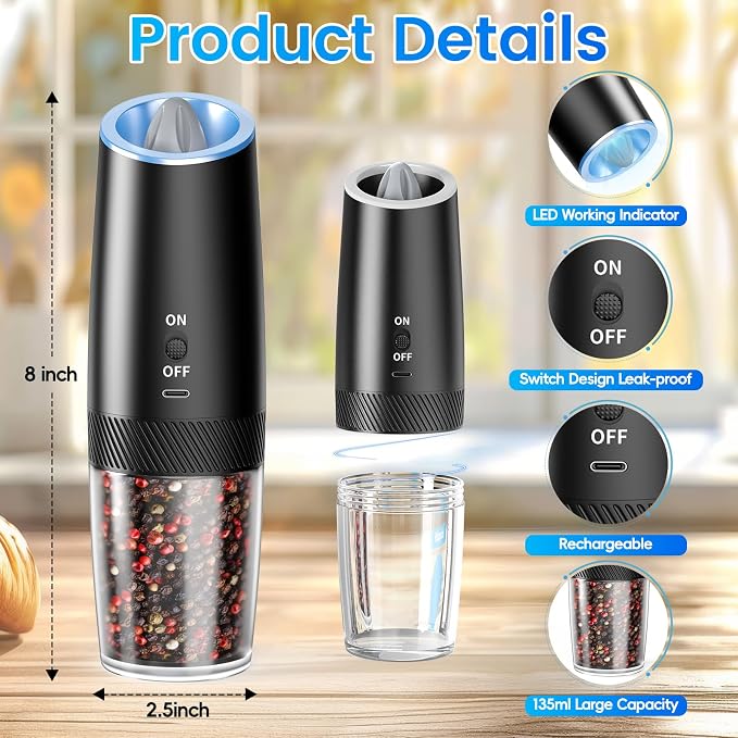 MealHelper Rechargeable Gravity Electric Salt and Pepper Grinder Set - Image 2