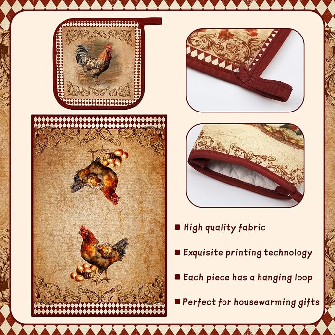 Leinuosen 6 Farm Rooster Farmhouse Kitchen Decor Dish Towels Oven Mitts and Pot - Image 5