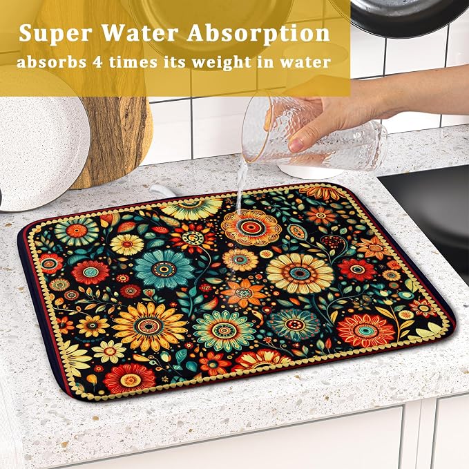 Bohemian Style Flowers Drying Pad Boho Floral Dish Drying Mat - Image 7