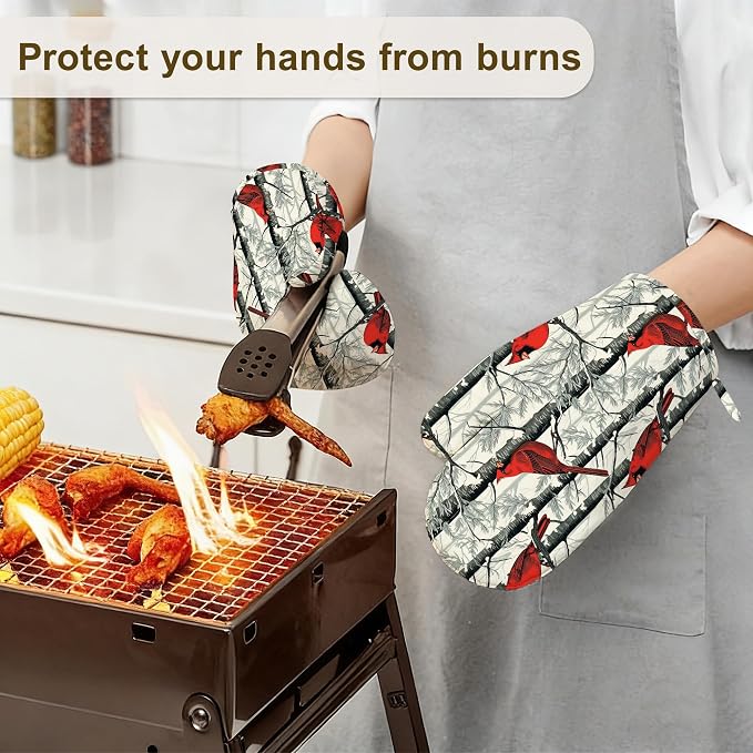 Red Cardinal Birds Oven Mitts and Pot Holders Set of 4, Kitchen Glove Heat - Image 6