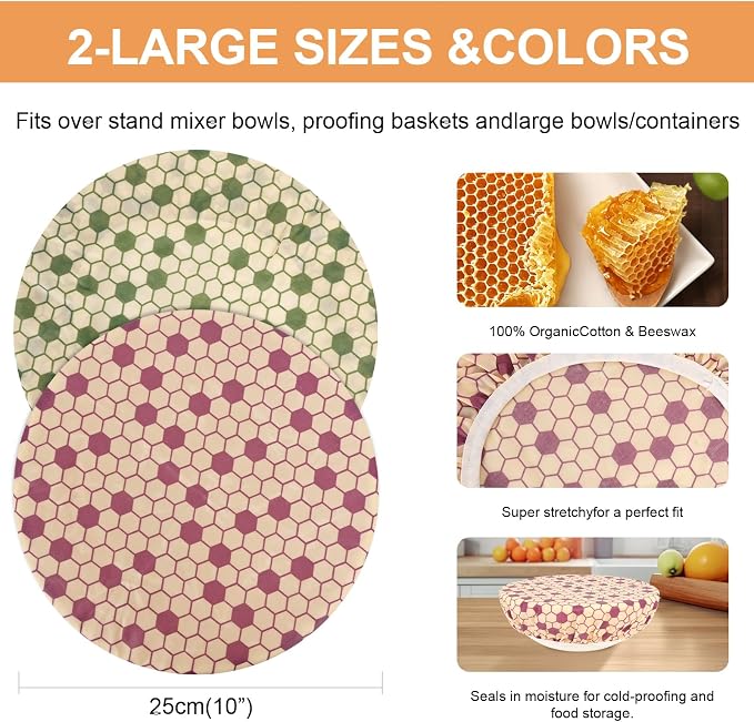 Reusable Bowl Covers for Bread Proofing（2 Large）- Cotton Beeswax Bowl Covers - Image 2