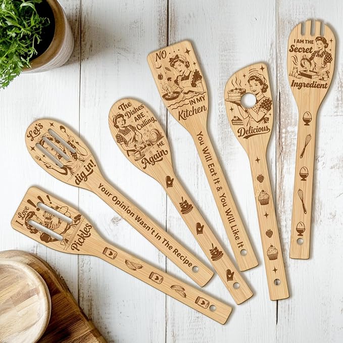 CUTHOLLOW 6PCS Retro Housewife Wooden Kitchen Cooking Utensil Set, 11.9in Non by CUTHOLLOW