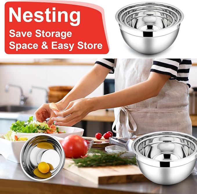 E-far Mixing Bowls with Lids, 6-Piece Stainless Steel Salad Bowls Metal Nesting - Image 6