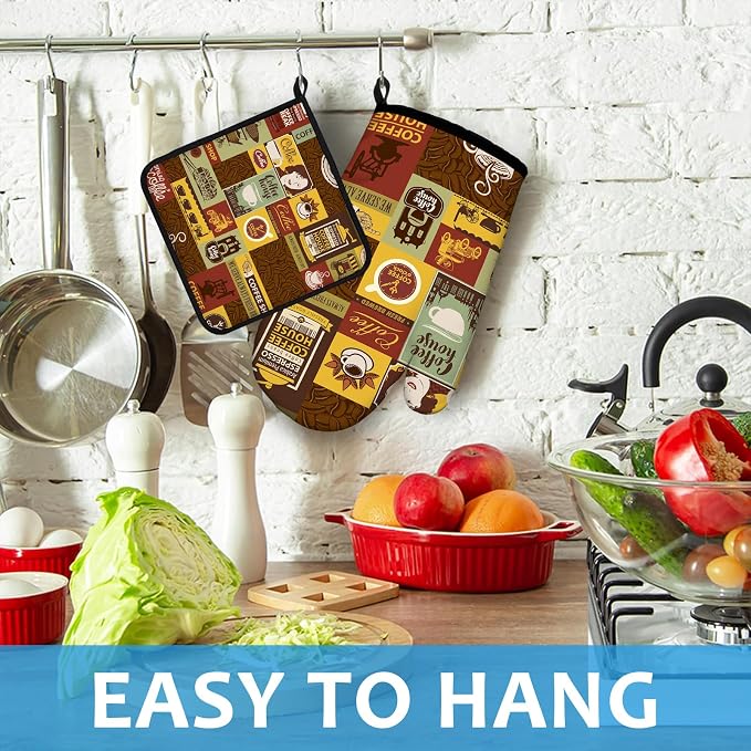 Coffee Theme Oven Mitts and Pot Holders Sets Heat Resistant 4Pcs Potholders - Image 4