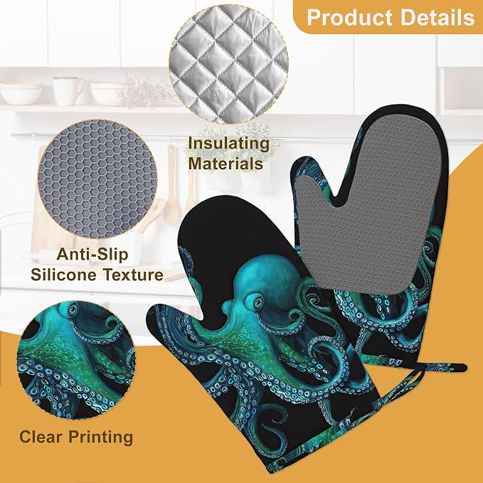 Oven Mitts and Pot Holders Green Octopus Silicone Kitchen Accessories Set of 4 - Image 3