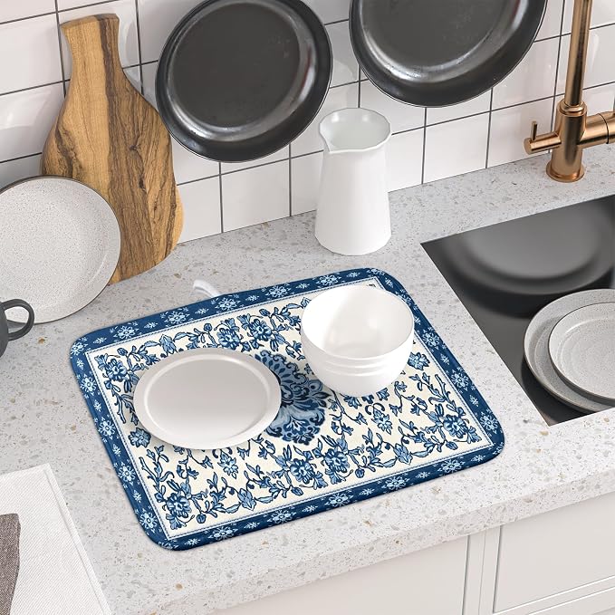 Blue Floral Dish Drying Mat for Kitchen Counter 16x18 Chinoiserie Flower Print - Image 6