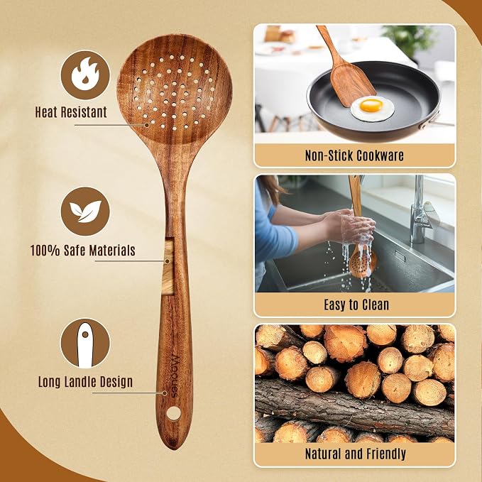 Mooues Wooden Spoons for Cooking, Wooden Utensils for Cooking Natural Teak - Image 2