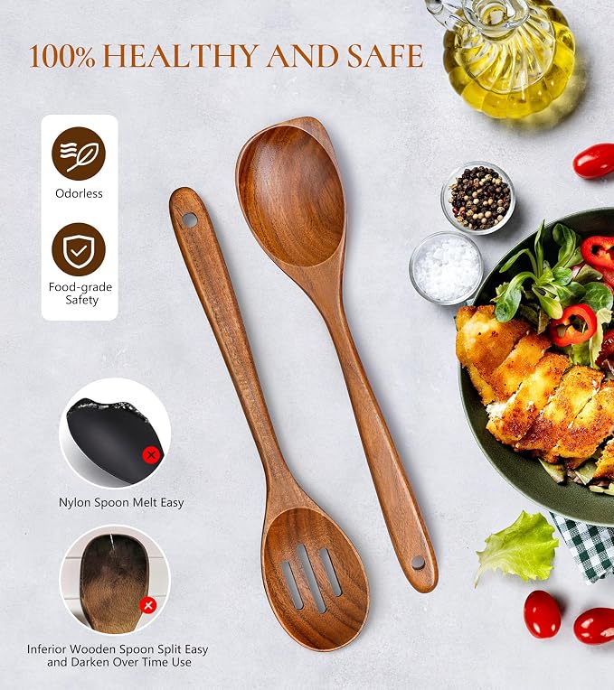 2Pcs Wooden Spoons for Cooking, Natural Premium Teak Wood Corner Spoon & - Image 5