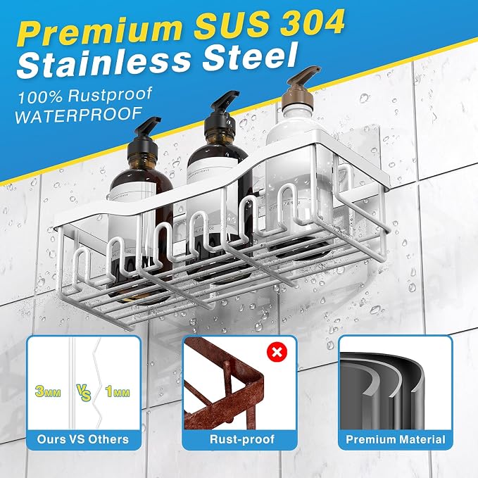 EUDELE 5-Pack Rustproof Stainless Steel Shower Caddy Set– No Drill Adhesive - Image 5