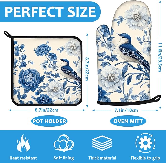 Blue Bird Blooming Flower Oven Mitts and Pot Holders Sets Heat Resistant 4Pcs - Image 2