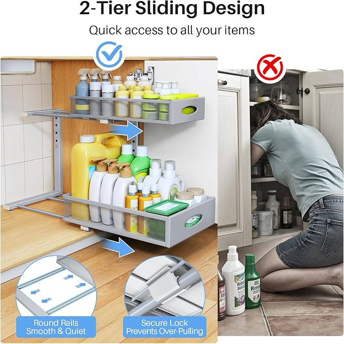 Under Sink Organizer, 2 Pack 2 Tier Pull Out Under Cabinet Organizer Shelf - Image 5