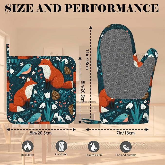 Forest Fox Animal Oven Mitts and Pot Holders Sets Green Floral Silicone Kitchen - Image 3
