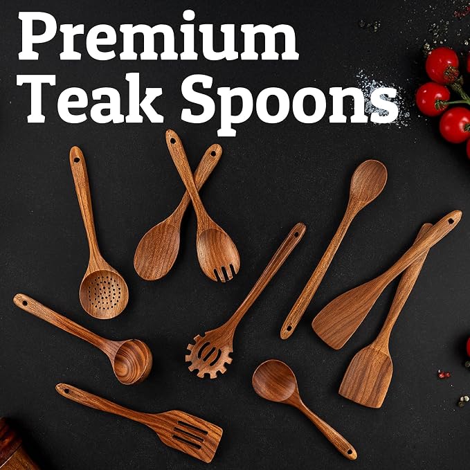 PriorityChef Wooden Spoons for Cooking, Premium 10pc Teak Wood Utensil Set - Image 8