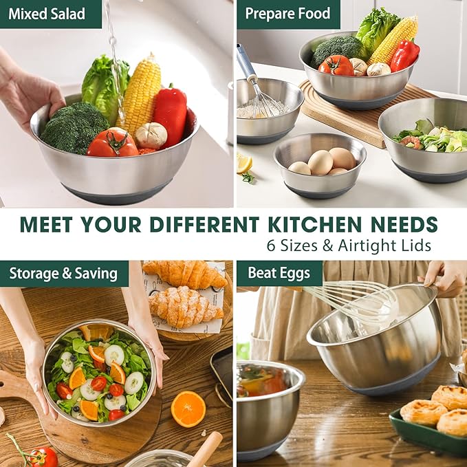 Umite Chef Mixing Bowls with Airtight Lids，6 piece Stainless Steel Metal - Image 4
