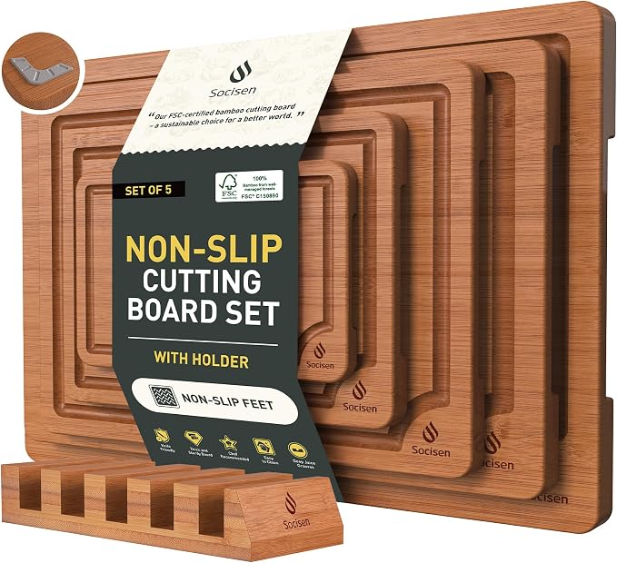 Bamboo Cutting Board Set Non Slip Feet by Socisen