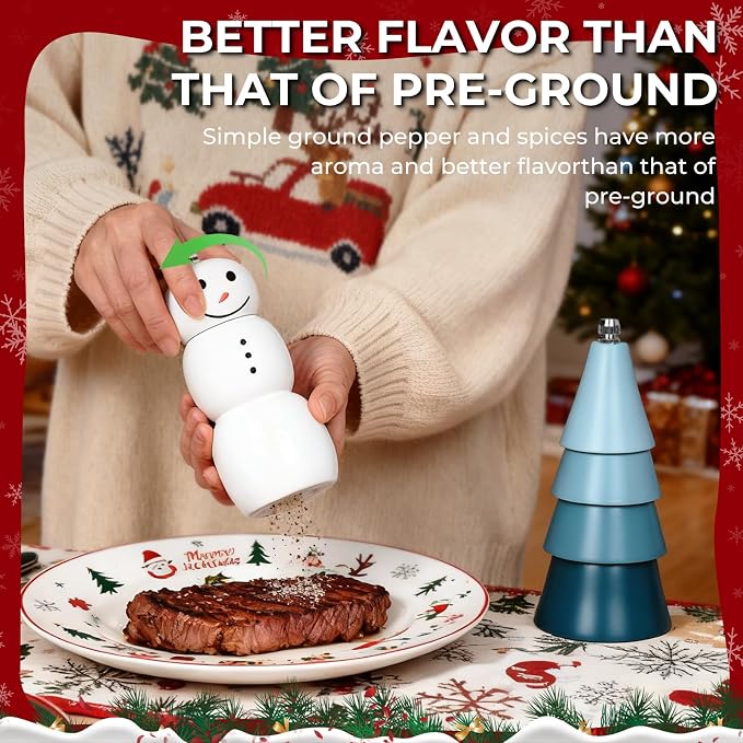 Christmas Salt and Pepper Grinder Set, Snowman & Tree Refillable Salt and - Image 2