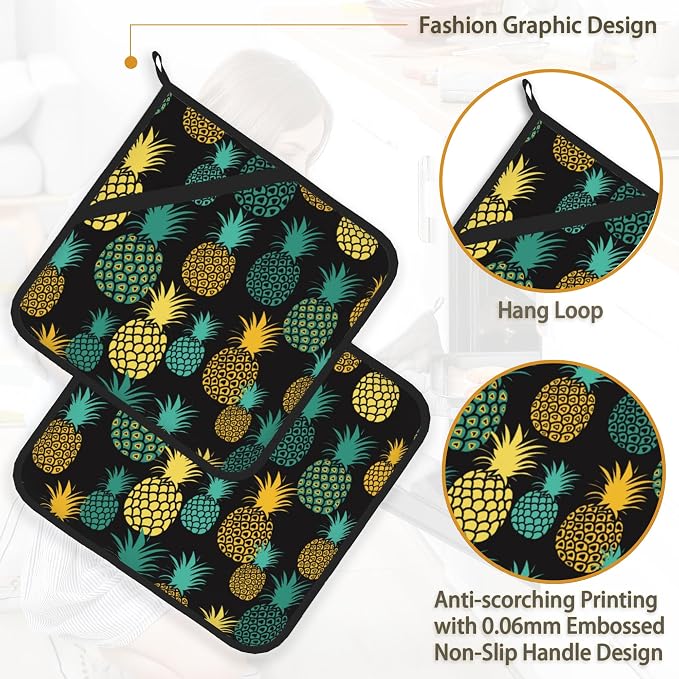 Tropical Pineapples Pot Holder Set of 2, Heat Resistant Potholders Oven Hot Pads - Image 4